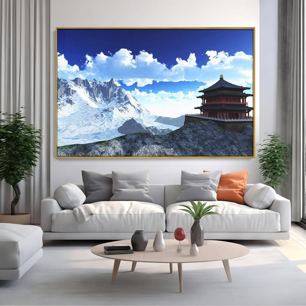 Tablou Canvas Premium, LuxCanva® O1045, Armonie in Himalaya, Templu, Munti, Inzapezit, Cer, Pamant, Orient, Pace, Varf, Mister, Spiritualitate, Asia, Pagoda, Sacru, Nori, Birou, Living, Dormitor