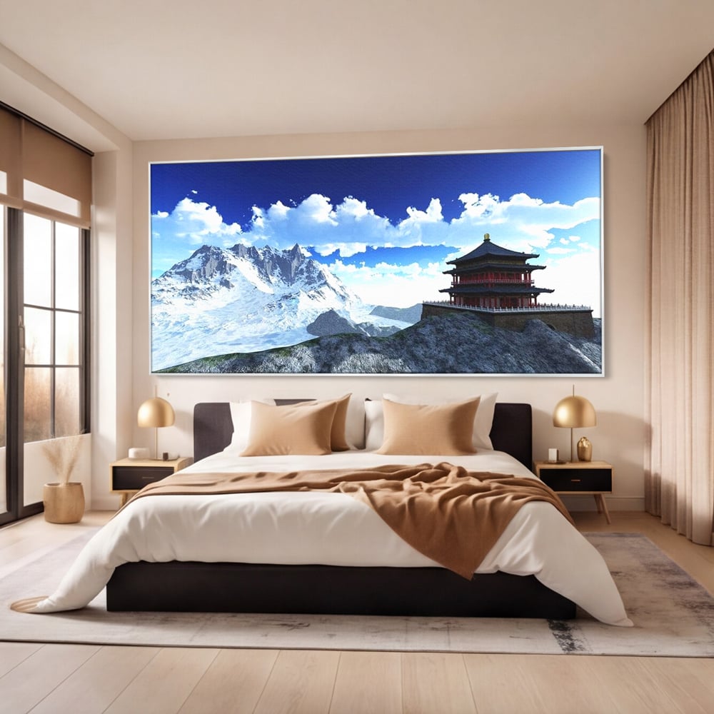 Tablou Canvas Premium, LuxCanva® O1045, Armonie in Himalaya, Templu, Munti, Inzapezit, Cer, Pamant, Orient, Pace, Varf, Mister, Spiritualitate, Asia, Pagoda, Sacru, Nori, Birou, Living, Dormitor