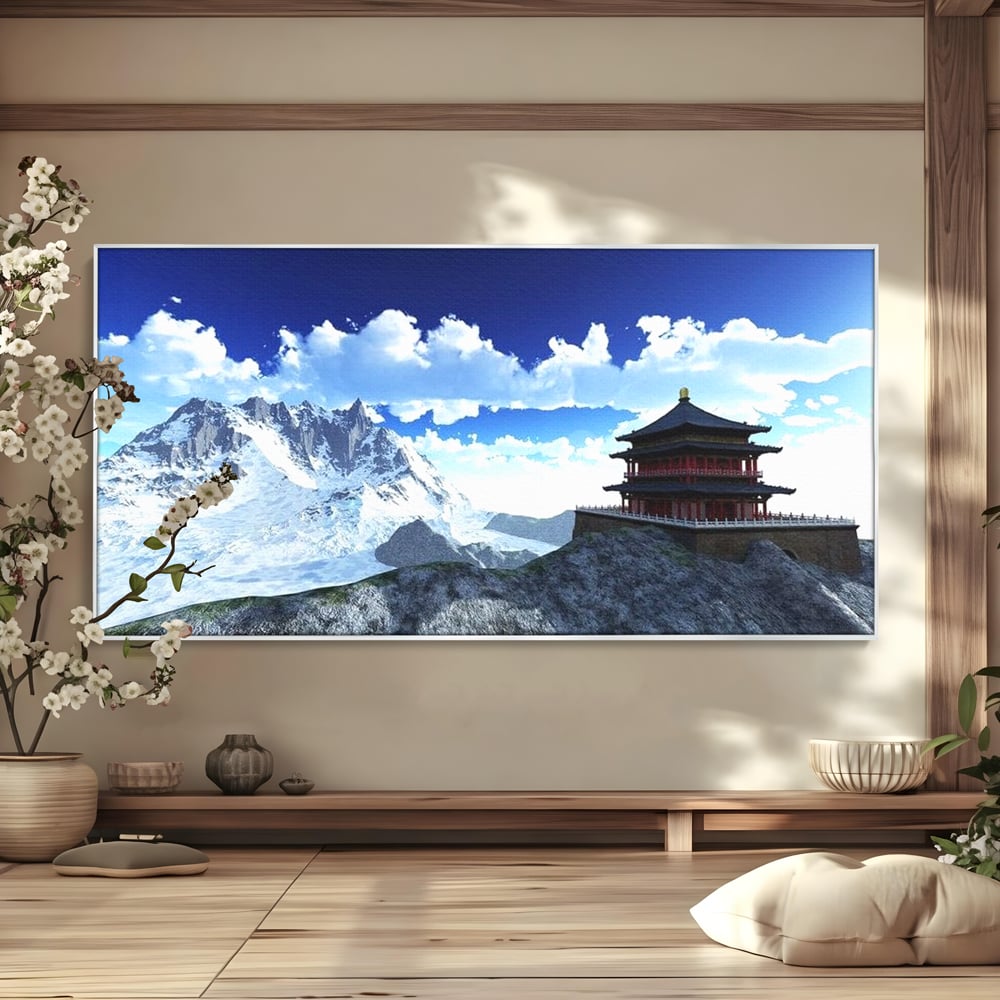 Tablou Canvas Premium, LuxCanva® O1045, Armonie in Himalaya, Templu, Munti, Inzapezit, Cer, Pamant, Orient, Pace, Varf, Mister, Spiritualitate, Asia, Pagoda, Sacru, Nori, Birou, Living, Dormitor
