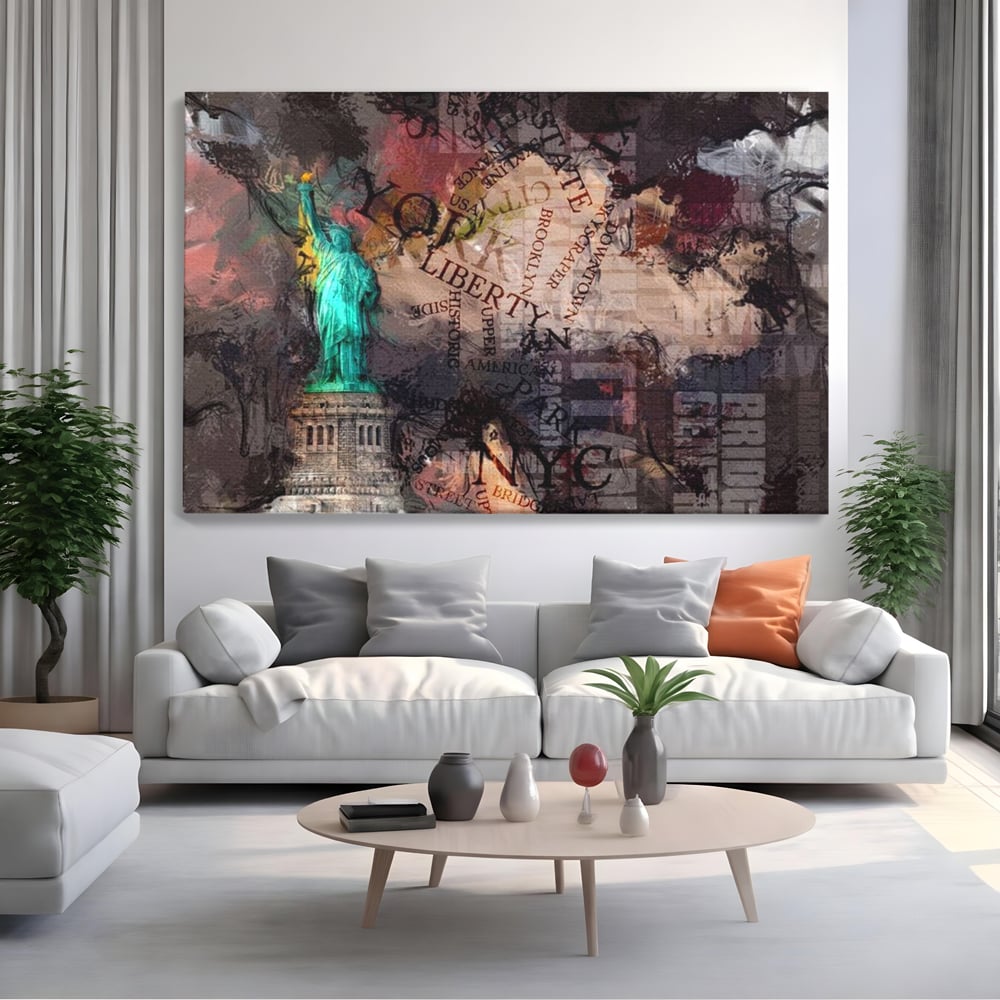 Tablou Canvas Premium, LuxCanva® O1046, Simboluri Americane, Statuie, Libertate, Visare, Manhattan, Abstract, Expresiv, Eclectic, Cosmopolit, Arta, Progres, Independenta, Birou, Living, Dormitor