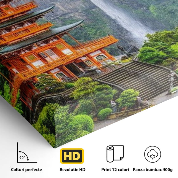 Tablou Canvas Premium, LuxCanva® O1050, Linistea Japoniei, Armonie, Om, Natura, Pagoda, Munti, Cascada, Calatorie, Sacru, Ritual, Zeu, Templu, Spirit, Nachi, Vacanta, Birou, Living, Dormitor
