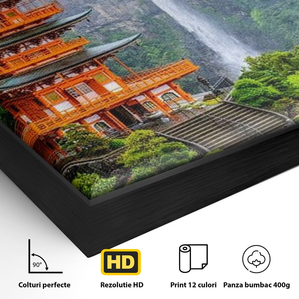 Tablou Canvas Premium, LuxCanva® O1050, Linistea Japoniei, Armonie, Om, Natura, Pagoda, Munti, Cascada, Calatorie, Sacru, Ritual, Zeu, Templu, Spirit, Nachi, Vacanta, Birou, Living, Dormitor