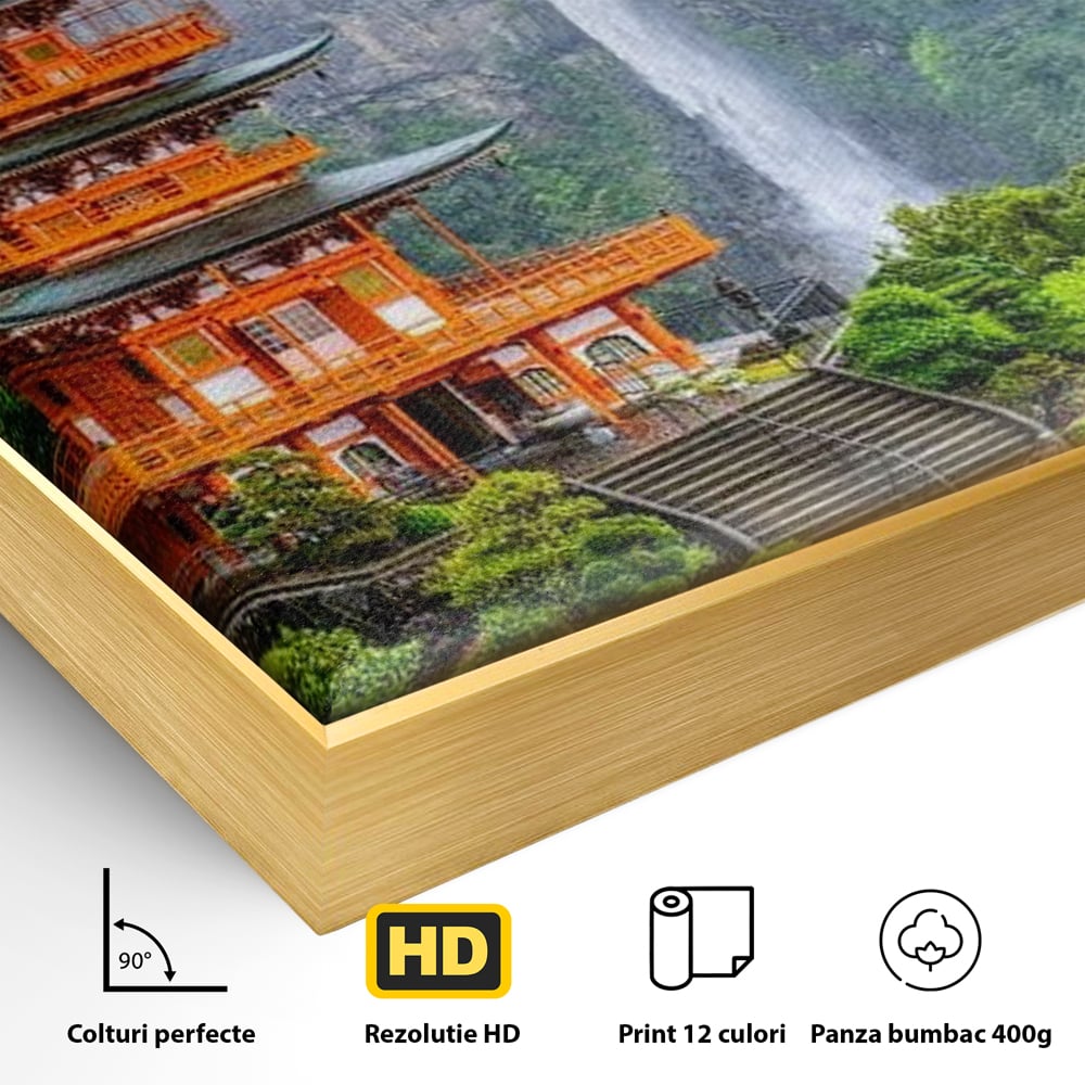 Tablou Canvas Premium, LuxCanva® O1050, Linistea Japoniei, Armonie, Om, Natura, Pagoda, Munti, Cascada, Calatorie, Sacru, Ritual, Zeu, Templu, Spirit, Nachi, Vacanta, Birou, Living, Dormitor