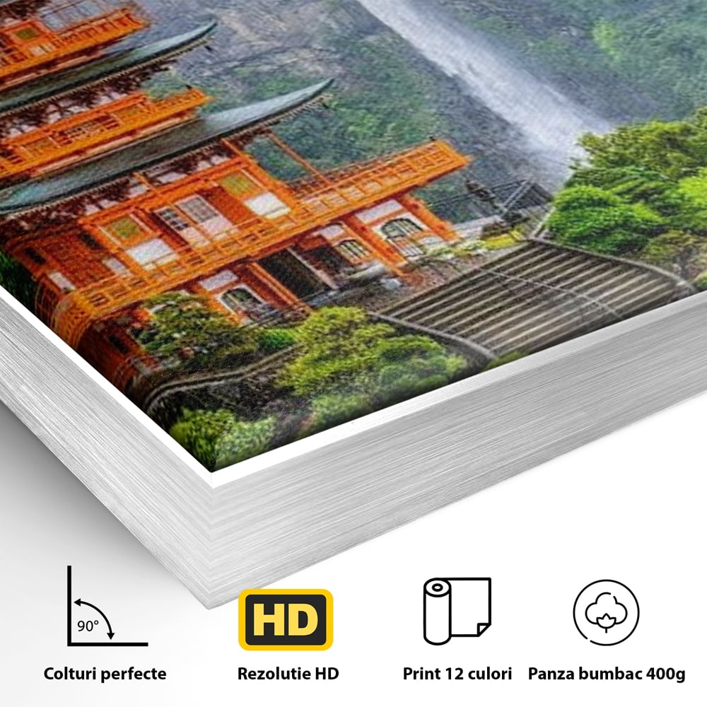 Tablou Canvas Premium, LuxCanva® O1050, Linistea Japoniei, Armonie, Om, Natura, Pagoda, Munti, Cascada, Calatorie, Sacru, Ritual, Zeu, Templu, Spirit, Nachi, Vacanta, Birou, Living, Dormitor