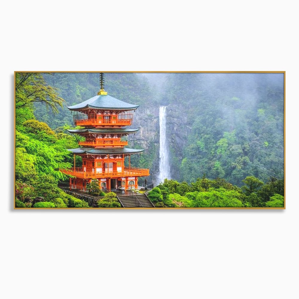 Tablou Canvas Premium, LuxCanva® O1050, Linistea Japoniei, Armonie, Om, Natura, Pagoda, Munti, Cascada, Calatorie, Sacru, Ritual, Zeu, Templu, Spirit, Nachi, Vacanta, Birou, Living, Dormitor