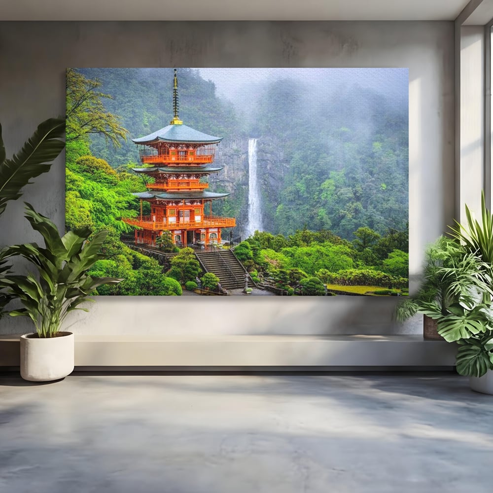 Tablou Canvas Premium, LuxCanva® O1050, Linistea Japoniei, Armonie, Om, Natura, Pagoda, Munti, Cascada, Calatorie, Sacru, Ritual, Zeu, Templu, Spirit, Nachi, Vacanta, Birou, Living, Dormitor