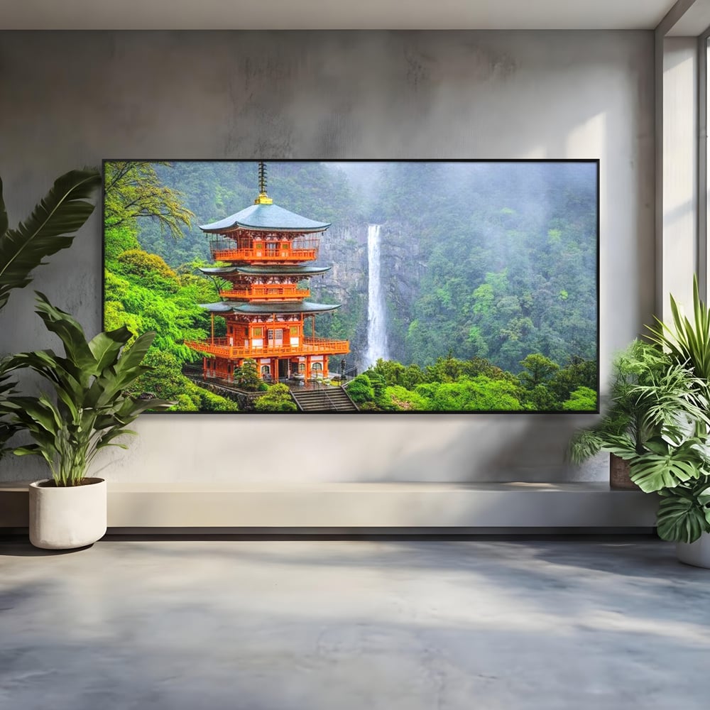 Tablou Canvas Premium, LuxCanva® O1050, Linistea Japoniei, Armonie, Om, Natura, Pagoda, Munti, Cascada, Calatorie, Sacru, Ritual, Zeu, Templu, Spirit, Nachi, Vacanta, Birou, Living, Dormitor