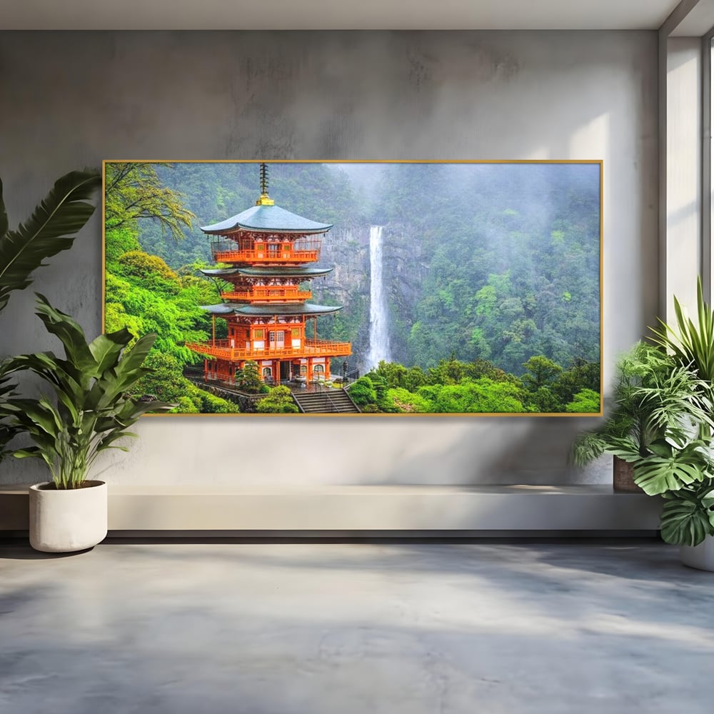 Tablou Canvas Premium, LuxCanva® O1050, Linistea Japoniei, Armonie, Om, Natura, Pagoda, Munti, Cascada, Calatorie, Sacru, Ritual, Zeu, Templu, Spirit, Nachi, Vacanta, Birou, Living, Dormitor
