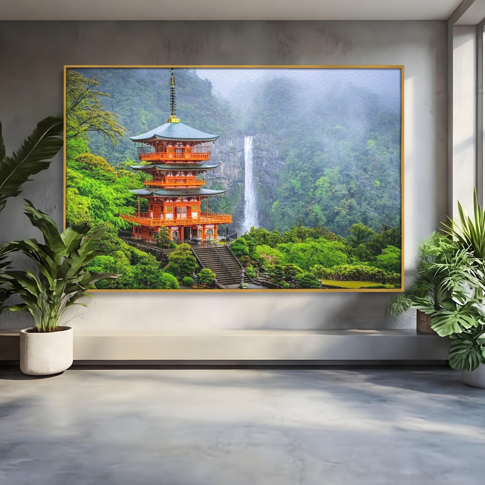 Tablou Canvas Premium, LuxCanva® O1050, Linistea Japoniei, Armonie, Om, Natura, Pagoda, Munti, Cascada, Calatorie, Sacru, Ritual, Zeu, Templu, Spirit, Nachi, Vacanta, Birou, Living, Dormitor