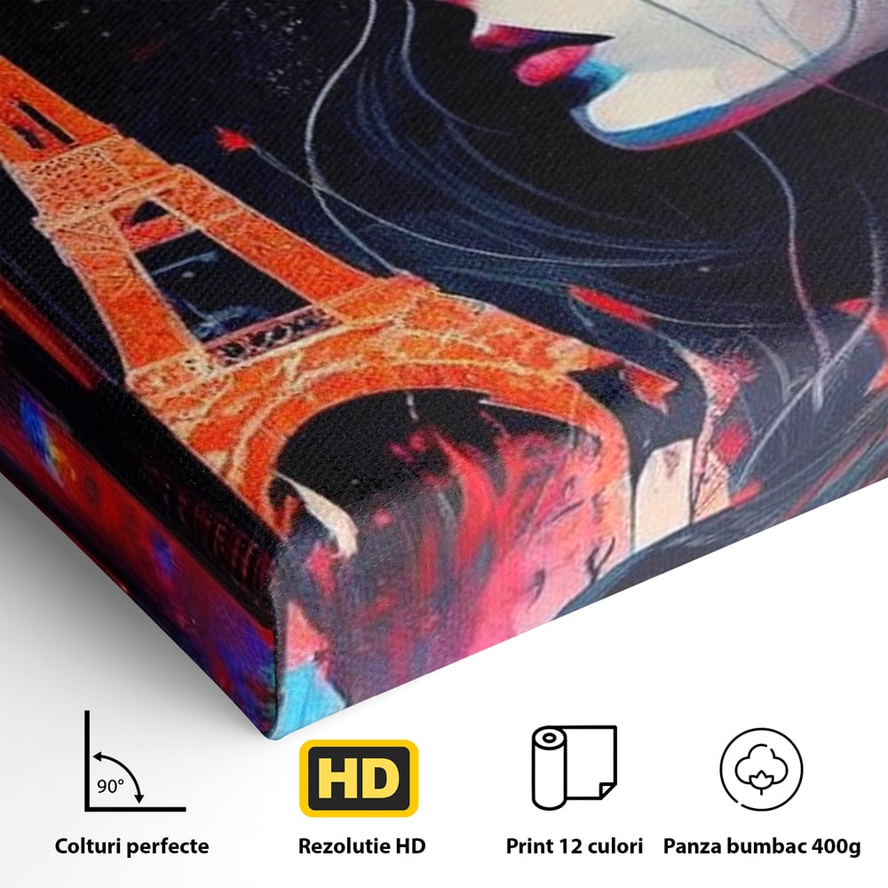 Tablou Canvas Premium, LuxCanva® O1055, Femeia Pariziana, Spirit, Paris, Eiffel, Rouge, Noapte, Femeie, Oras, Lumini, Franta, Arta, Etern, Urban, Romantic, Portret, Francez, Birou, Living, Dormitor
