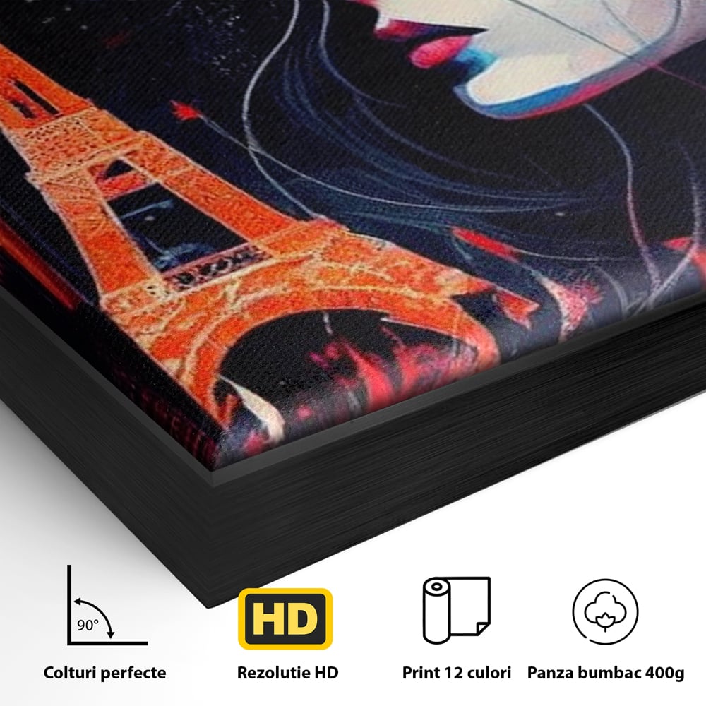 Tablou Canvas Premium, LuxCanva® O1055, Femeia Pariziana, Spirit, Paris, Eiffel, Rouge, Noapte, Femeie, Oras, Lumini, Franta, Arta, Etern, Urban, Romantic, Portret, Francez, Birou, Living, Dormitor