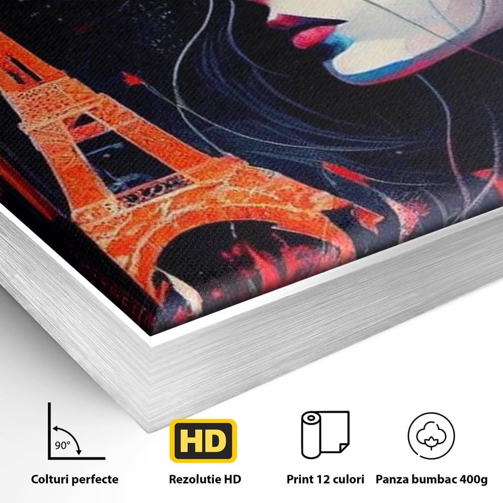 Tablou Canvas Premium, LuxCanva® O1055, Femeia Pariziana, Spirit, Paris, Eiffel, Rouge, Noapte, Femeie, Oras, Lumini, Franta, Arta, Etern, Urban, Romantic, Portret, Francez, Birou, Living, Dormitor