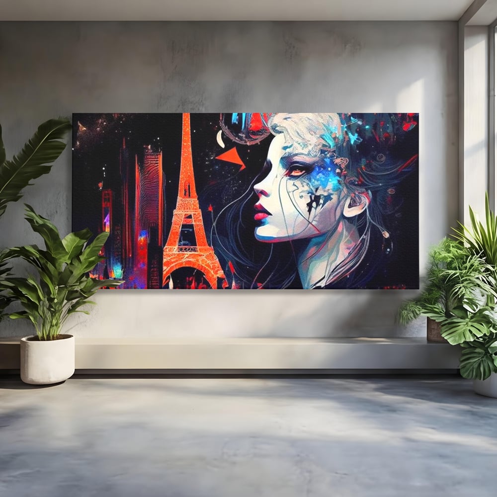 Tablou Canvas Premium, LuxCanva® O1055, Femeia Pariziana, Spirit, Paris, Eiffel, Rouge, Noapte, Femeie, Oras, Lumini, Franta, Arta, Etern, Urban, Romantic, Portret, Francez, Birou, Living, Dormitor