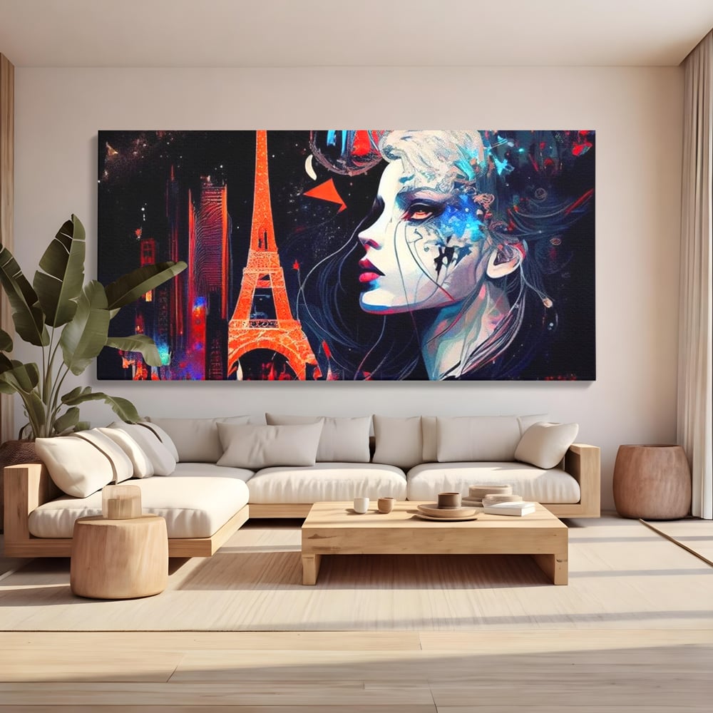 Tablou Canvas Premium, LuxCanva® O1055, Femeia Pariziana, Spirit, Paris, Eiffel, Rouge, Noapte, Femeie, Oras, Lumini, Franta, Arta, Etern, Urban, Romantic, Portret, Francez, Birou, Living, Dormitor