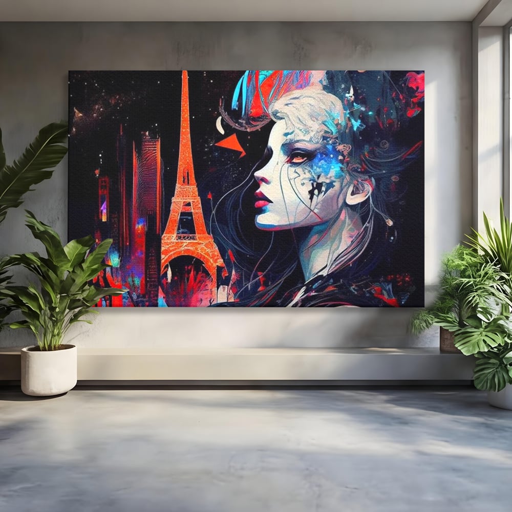 Tablou Canvas Premium, LuxCanva® O1055, Femeia Pariziana, Spirit, Paris, Eiffel, Rouge, Noapte, Femeie, Oras, Lumini, Franta, Arta, Etern, Urban, Romantic, Portret, Francez, Birou, Living, Dormitor