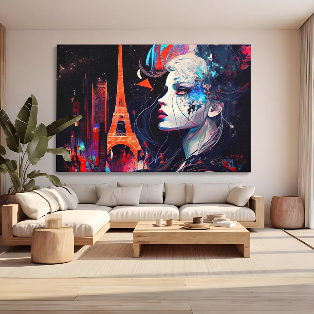 Tablou Canvas Premium, LuxCanva® O1055, Femeia Pariziana, Spirit, Paris, Eiffel, Rouge, Noapte, Femeie, Oras, Lumini, Franta, Arta, Etern, Urban, Romantic, Portret, Francez, Birou, Living, Dormitor