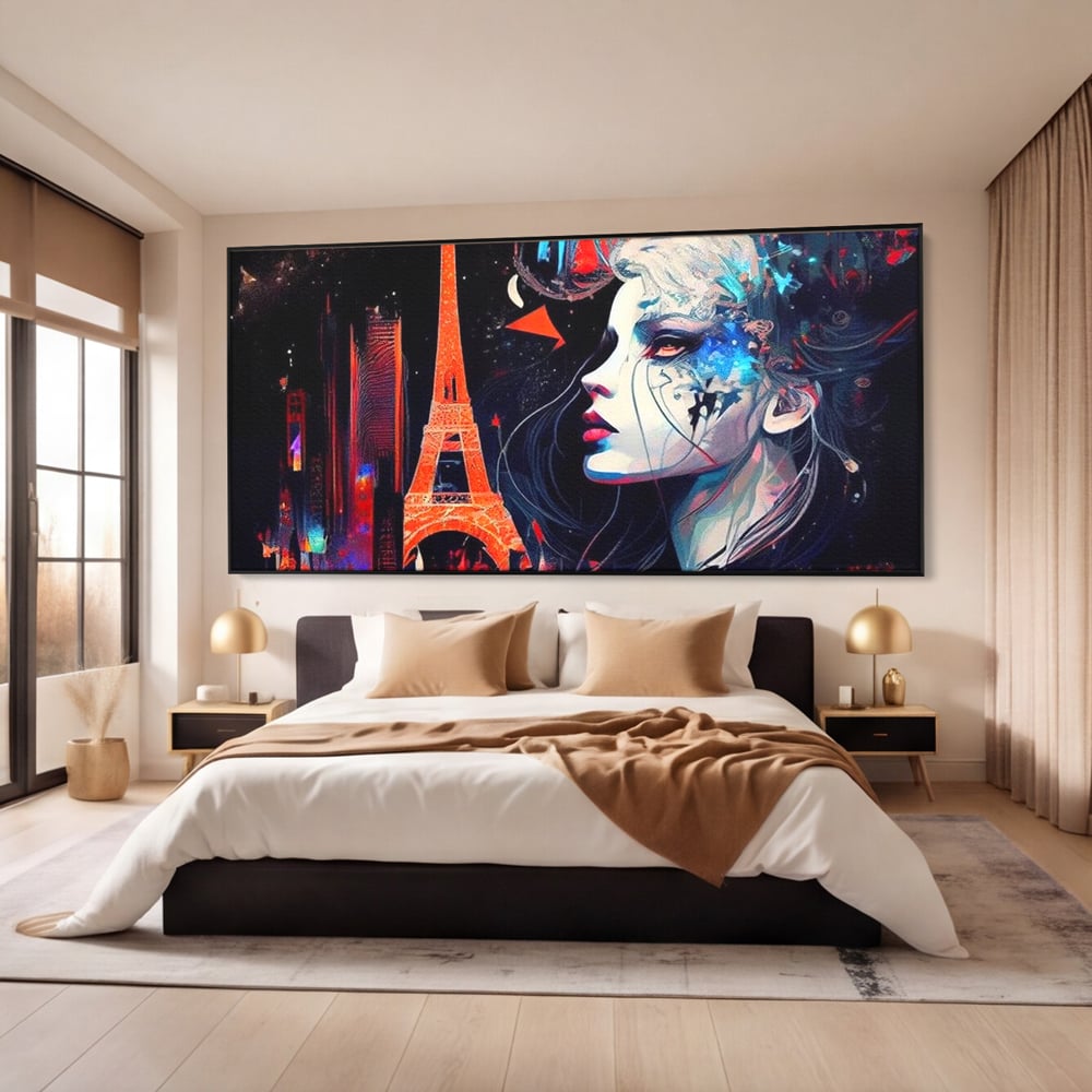 Tablou Canvas Premium, LuxCanva® O1055, Femeia Pariziana, Spirit, Paris, Eiffel, Rouge, Noapte, Femeie, Oras, Lumini, Franta, Arta, Etern, Urban, Romantic, Portret, Francez, Birou, Living, Dormitor