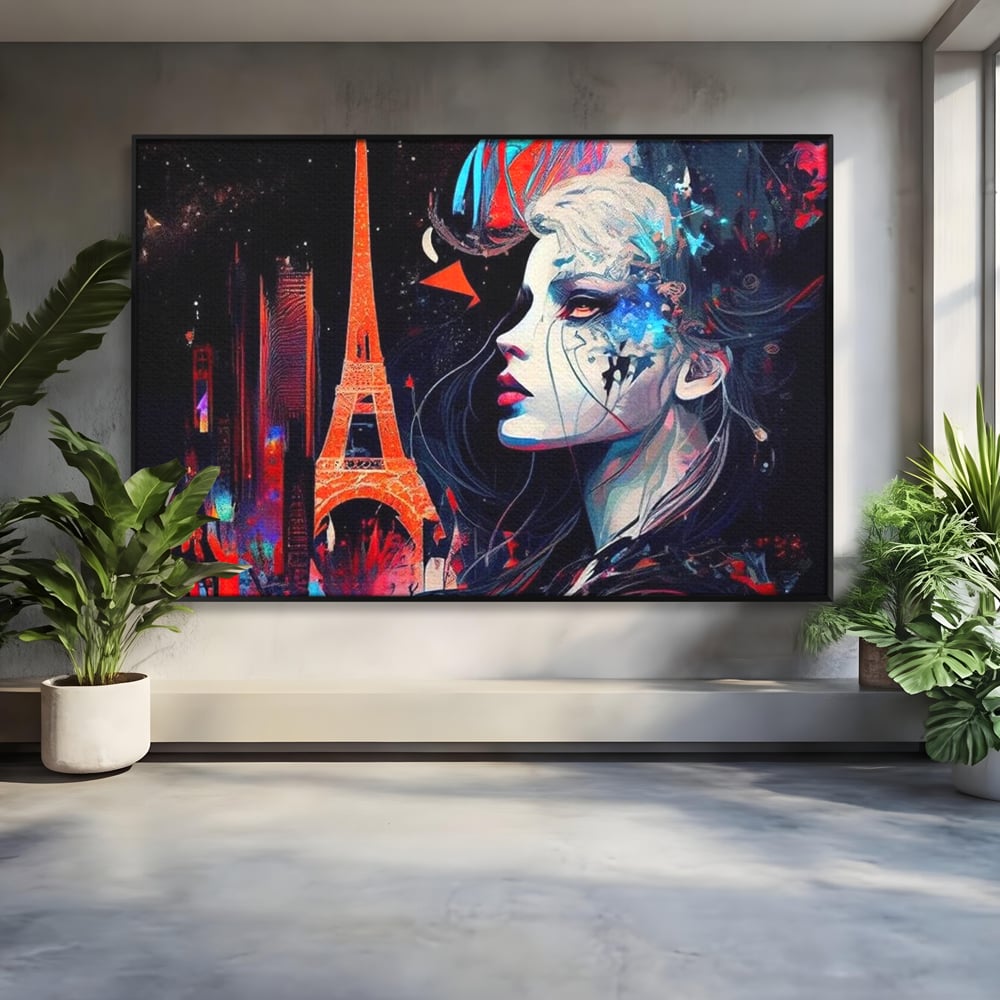 Tablou Canvas Premium, LuxCanva® O1055, Femeia Pariziana, Spirit, Paris, Eiffel, Rouge, Noapte, Femeie, Oras, Lumini, Franta, Arta, Etern, Urban, Romantic, Portret, Francez, Birou, Living, Dormitor