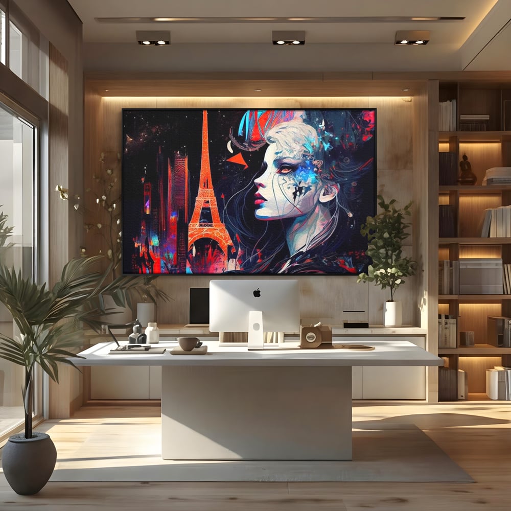 Tablou Canvas Premium, LuxCanva® O1055, Femeia Pariziana, Spirit, Paris, Eiffel, Rouge, Noapte, Femeie, Oras, Lumini, Franta, Arta, Etern, Urban, Romantic, Portret, Francez, Birou, Living, Dormitor