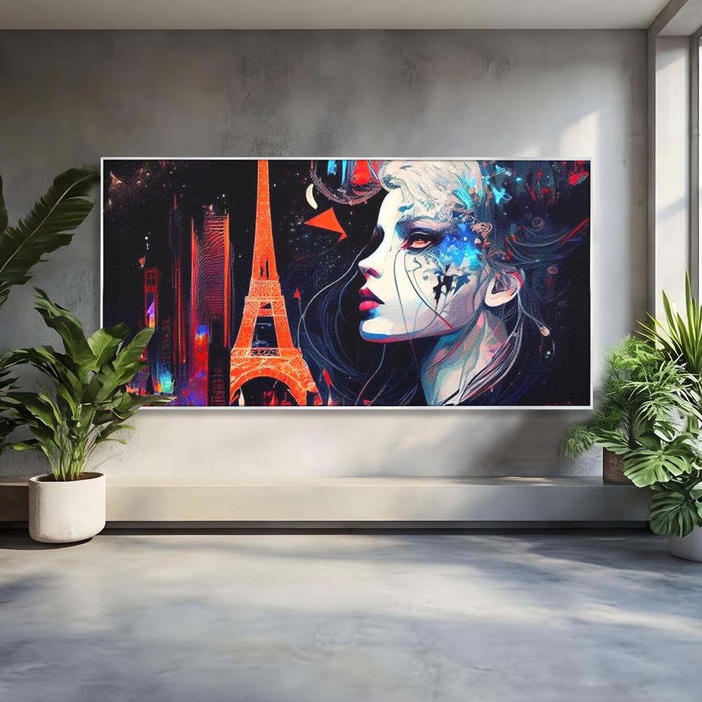 Tablou Canvas Premium, LuxCanva® O1055, Femeia Pariziana, Spirit, Paris, Eiffel, Rouge, Noapte, Femeie, Oras, Lumini, Franta, Arta, Etern, Urban, Romantic, Portret, Francez, Birou, Living, Dormitor
