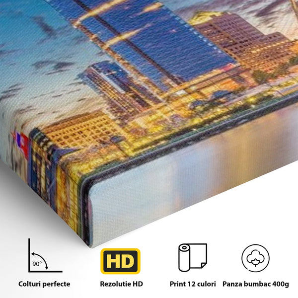 Tablou Canvas Premium, LuxCanva® O1057, Orasul care Straluceste, Lumini, Urban, Milwaukee, Nori, Metropola, Apis, Apa, Panorama, Vibratie, Orizont, Tablou, Plimbare, Birou, Living, Dormitor