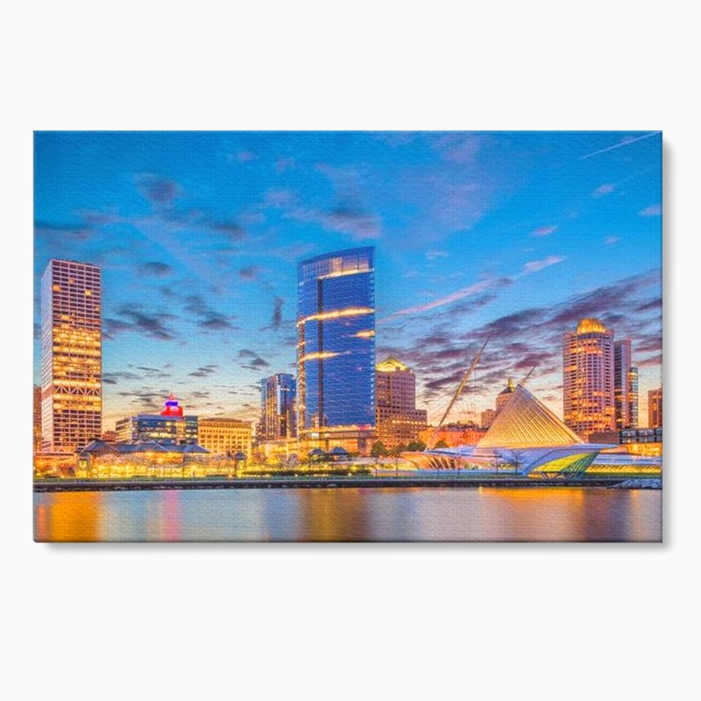 Tablou Canvas Premium, LuxCanva® O1057, Orasul care Straluceste, Lumini, Urban, Milwaukee, Nori, Metropola, Apis, Apa, Panorama, Vibratie, Orizont, Tablou, Plimbare, Birou, Living, Dormitor