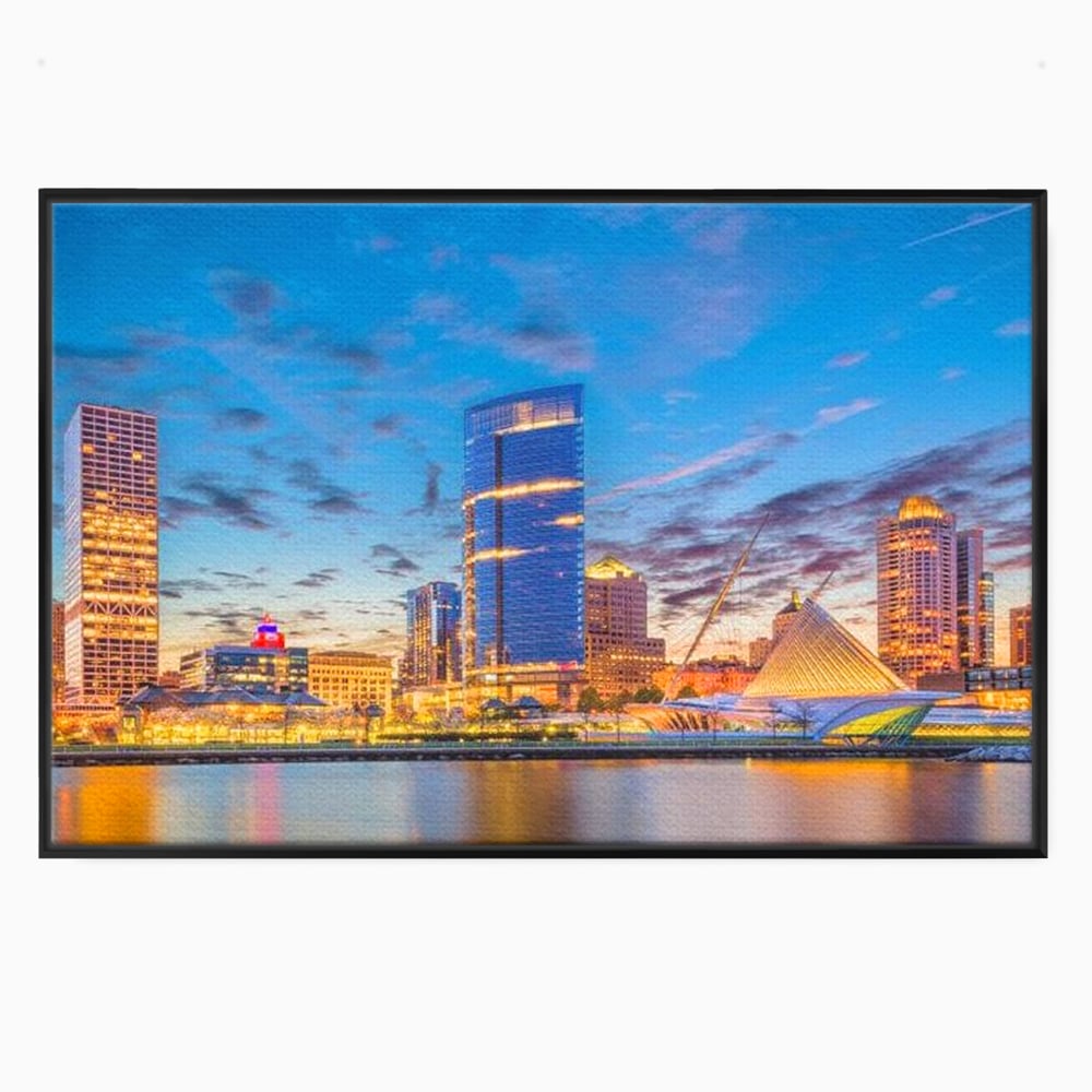 Tablou Canvas Premium, LuxCanva® O1057, Orasul care Straluceste, Lumini, Urban, Milwaukee, Nori, Metropola, Apis, Apa, Panorama, Vibratie, Orizont, Tablou, Plimbare, Birou, Living, Dormitor