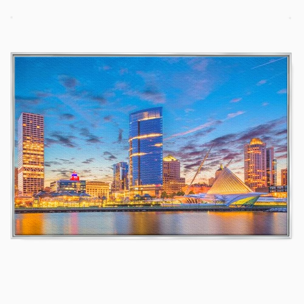 Tablou Canvas Premium, LuxCanva® O1057, Orasul care Straluceste, Lumini, Urban, Milwaukee, Nori, Metropola, Apis, Apa, Panorama, Vibratie, Orizont, Tablou, Plimbare, Birou, Living, Dormitor