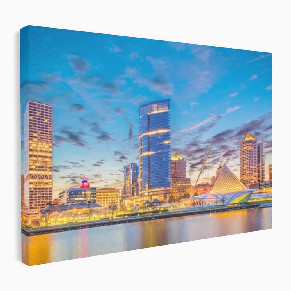 Tablou Canvas Premium, LuxCanva® O1057, Orasul care Straluceste, Lumini, Urban, Milwaukee, Nori, Metropola, Apis, Apa, Panorama, Vibratie, Orizont, Tablou, Plimbare, Birou, Living, Dormitor