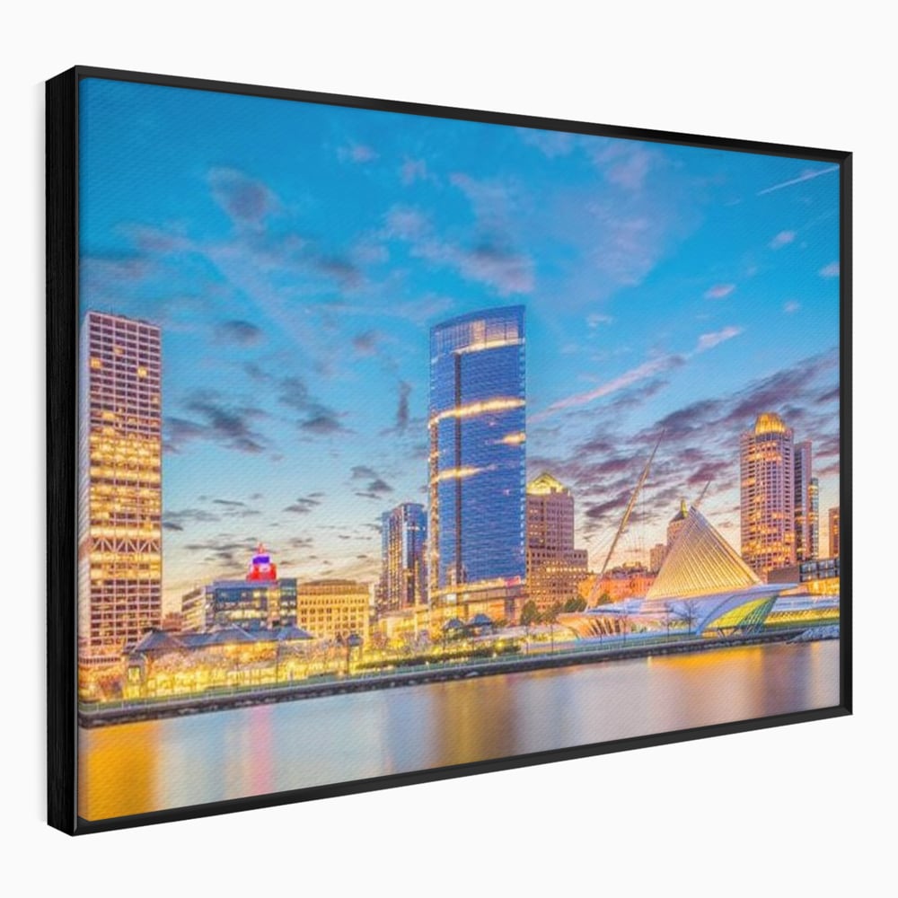 Tablou Canvas Premium, LuxCanva® O1057, Orasul care Straluceste, Lumini, Urban, Milwaukee, Nori, Metropola, Apis, Apa, Panorama, Vibratie, Orizont, Tablou, Plimbare, Birou, Living, Dormitor