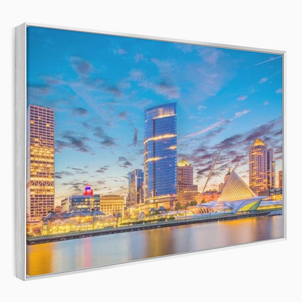 Tablou Canvas Premium, LuxCanva® O1057, Orasul care Straluceste, Lumini, Urban, Milwaukee, Nori, Metropola, Apis, Apa, Panorama, Vibratie, Orizont, Tablou, Plimbare, Birou, Living, Dormitor