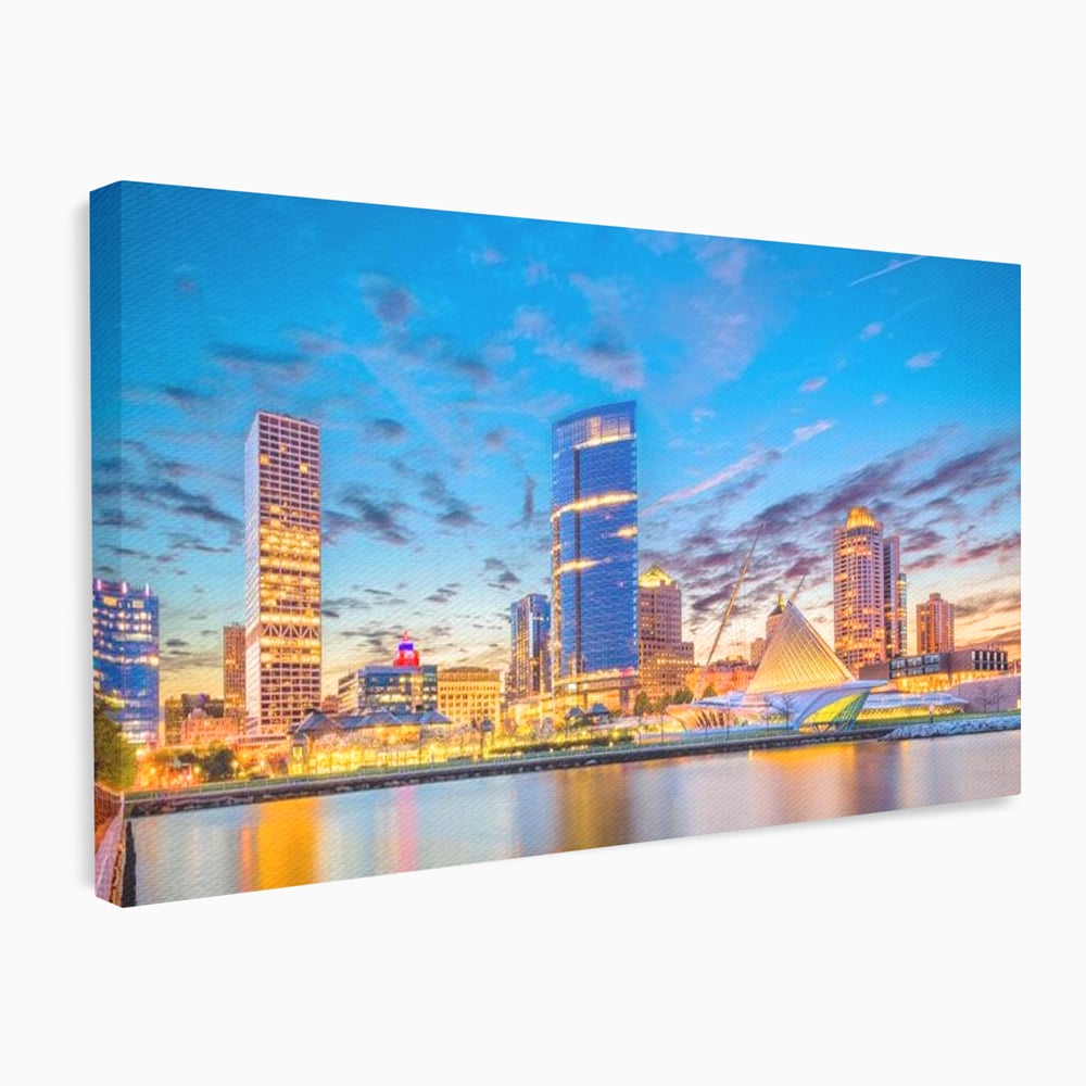 Tablou Canvas Premium, LuxCanva® O1057, Orasul care Straluceste, Lumini, Urban, Milwaukee, Nori, Metropola, Apis, Apa, Panorama, Vibratie, Orizont, Tablou, Plimbare, Birou, Living, Dormitor