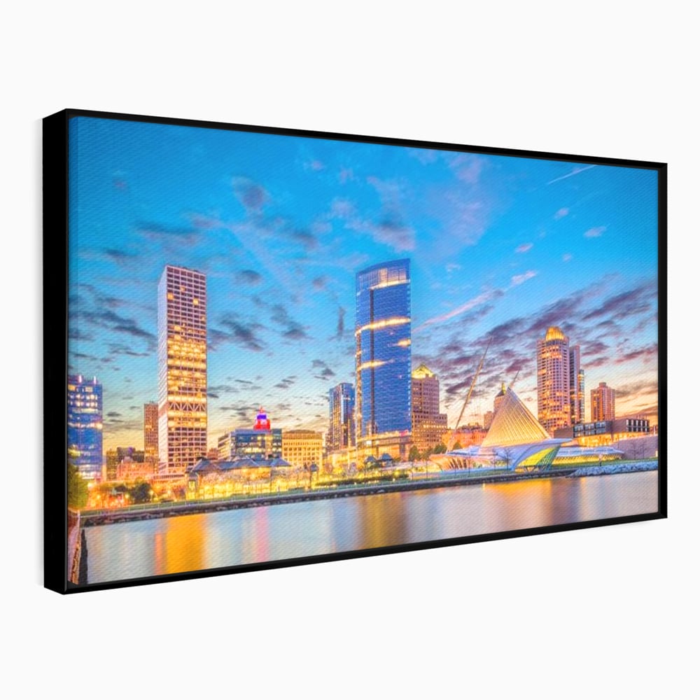 Tablou Canvas Premium, LuxCanva® O1057, Orasul care Straluceste, Lumini, Urban, Milwaukee, Nori, Metropola, Apis, Apa, Panorama, Vibratie, Orizont, Tablou, Plimbare, Birou, Living, Dormitor