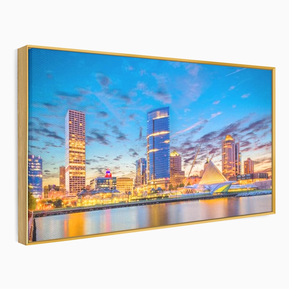 Tablou Canvas Premium, LuxCanva® O1057, Orasul care Straluceste, Lumini, Urban, Milwaukee, Nori, Metropola, Apis, Apa, Panorama, Vibratie, Orizont, Tablou, Plimbare, Birou, Living, Dormitor