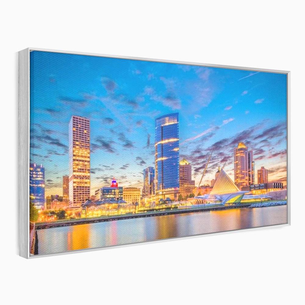 Tablou Canvas Premium, LuxCanva® O1057, Orasul care Straluceste, Lumini, Urban, Milwaukee, Nori, Metropola, Apis, Apa, Panorama, Vibratie, Orizont, Tablou, Plimbare, Birou, Living, Dormitor
