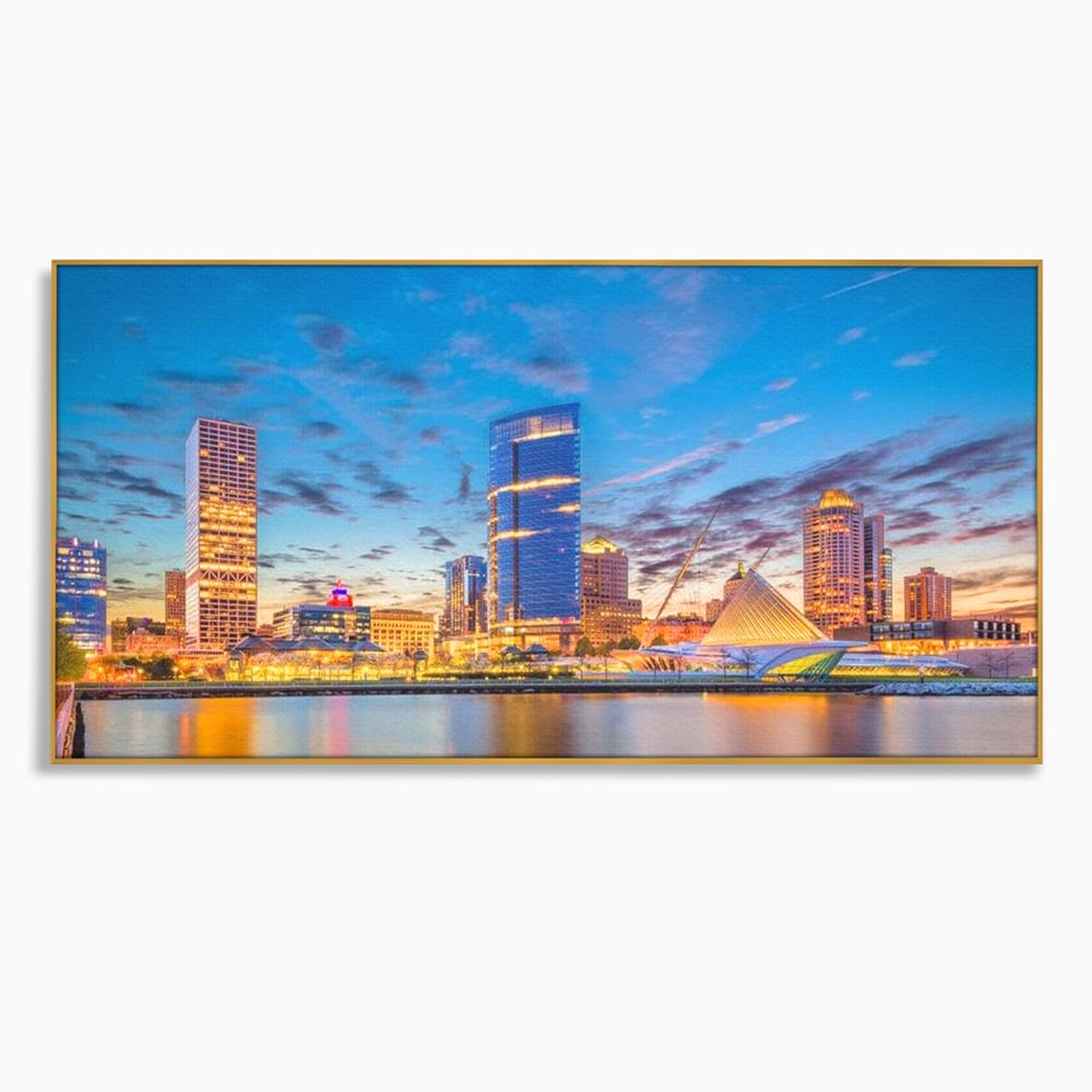 Tablou Canvas Premium, LuxCanva® O1057, Orasul care Straluceste, Lumini, Urban, Milwaukee, Nori, Metropola, Apis, Apa, Panorama, Vibratie, Orizont, Tablou, Plimbare, Birou, Living, Dormitor