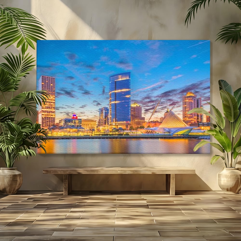 Tablou Canvas Premium, LuxCanva® O1057, Orasul care Straluceste, Lumini, Urban, Milwaukee, Nori, Metropola, Apis, Apa, Panorama, Vibratie, Orizont, Tablou, Plimbare, Birou, Living, Dormitor