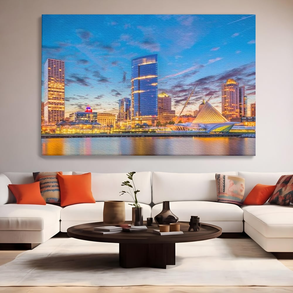Tablou Canvas Premium, LuxCanva® O1057, Orasul care Straluceste, Lumini, Urban, Milwaukee, Nori, Metropola, Apis, Apa, Panorama, Vibratie, Orizont, Tablou, Plimbare, Birou, Living, Dormitor