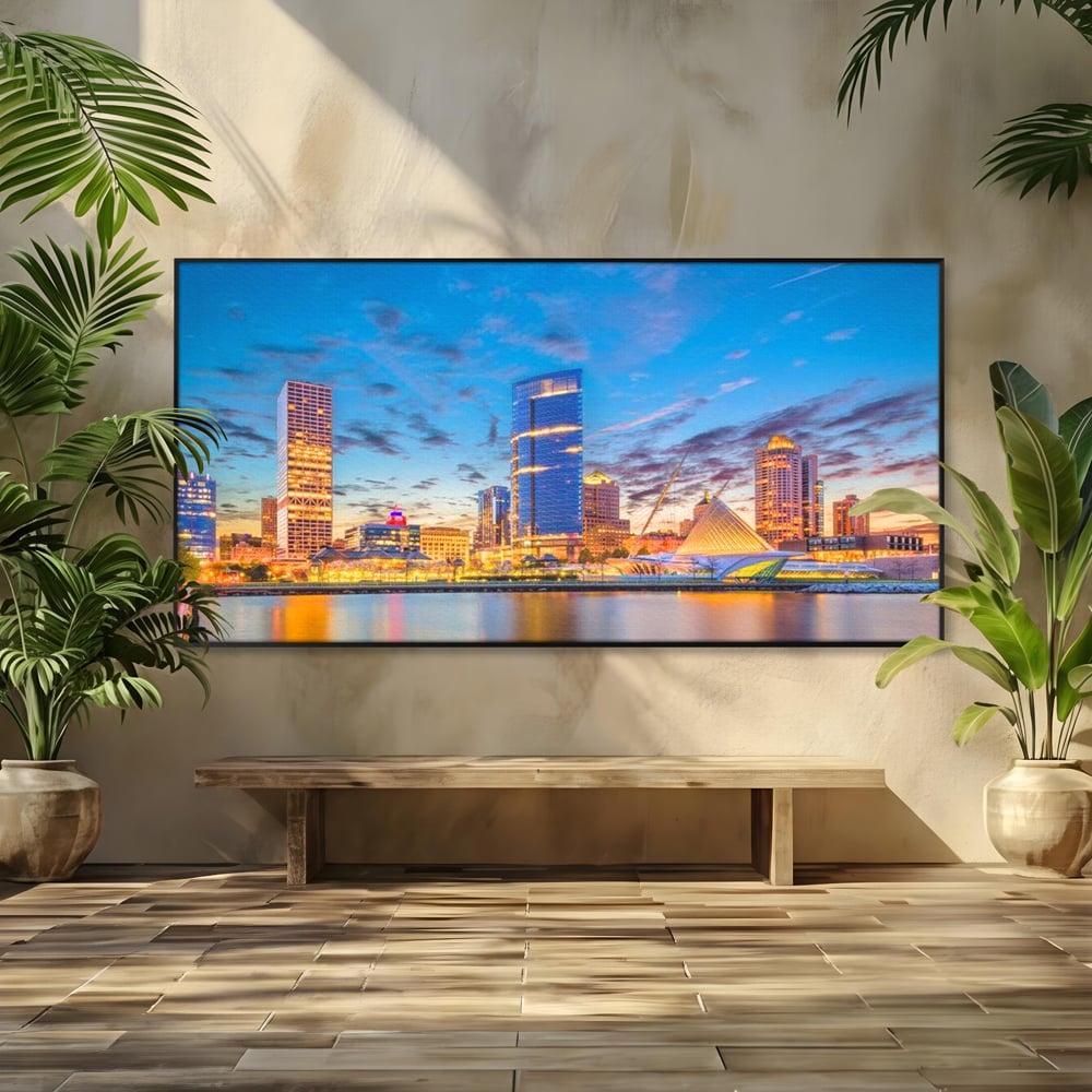 Tablou Canvas Premium, LuxCanva® O1057, Orasul care Straluceste, Lumini, Urban, Milwaukee, Nori, Metropola, Apis, Apa, Panorama, Vibratie, Orizont, Tablou, Plimbare, Birou, Living, Dormitor