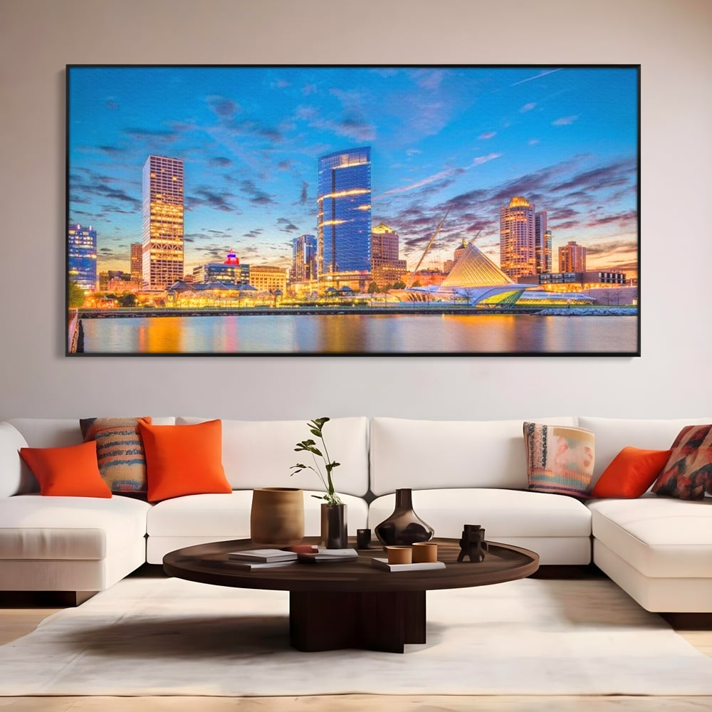 Tablou Canvas Premium, LuxCanva® O1057, Orasul care Straluceste, Lumini, Urban, Milwaukee, Nori, Metropola, Apis, Apa, Panorama, Vibratie, Orizont, Tablou, Plimbare, Birou, Living, Dormitor