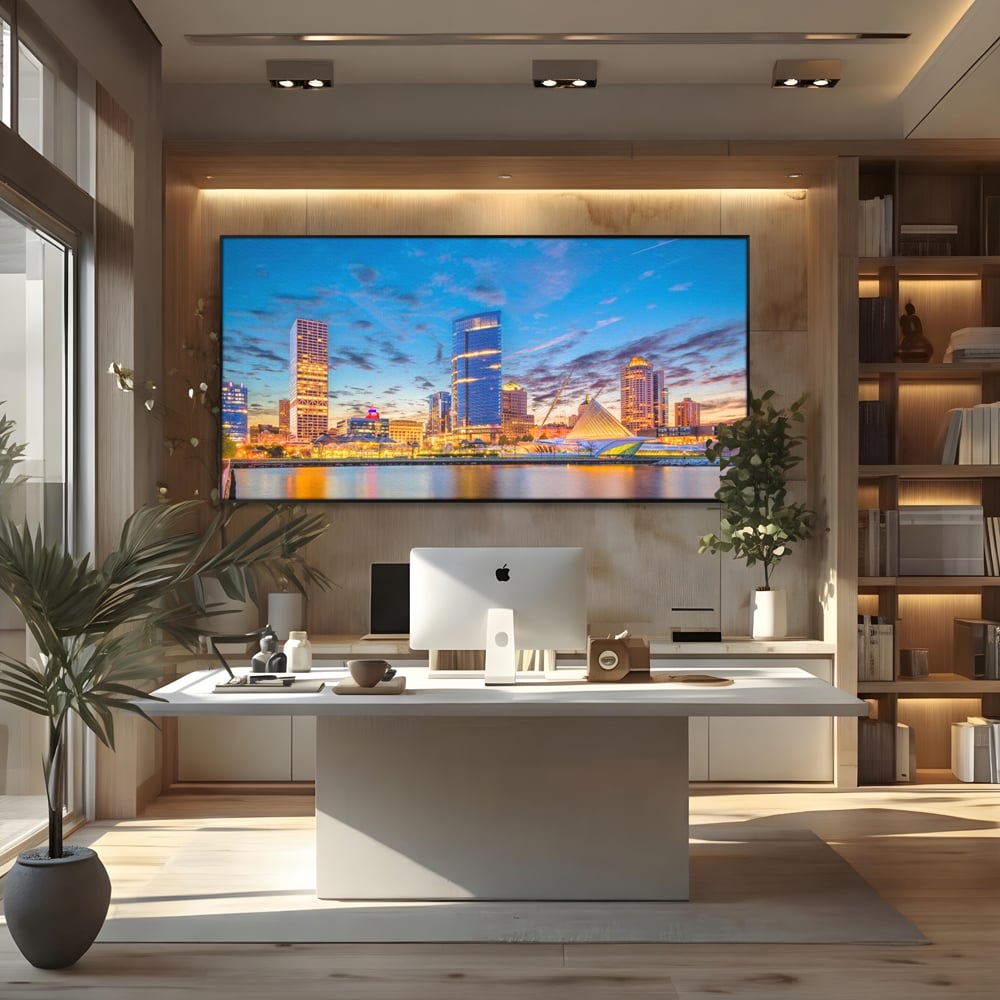 Tablou Canvas Premium, LuxCanva® O1057, Orasul care Straluceste, Lumini, Urban, Milwaukee, Nori, Metropola, Apis, Apa, Panorama, Vibratie, Orizont, Tablou, Plimbare, Birou, Living, Dormitor