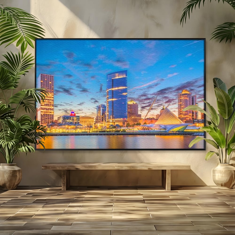 Tablou Canvas Premium, LuxCanva® O1057, Orasul care Straluceste, Lumini, Urban, Milwaukee, Nori, Metropola, Apis, Apa, Panorama, Vibratie, Orizont, Tablou, Plimbare, Birou, Living, Dormitor