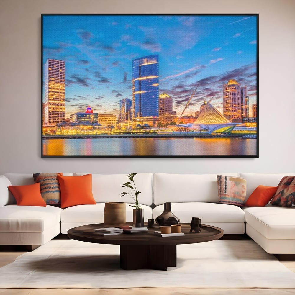 Tablou Canvas Premium, LuxCanva® O1057, Orasul care Straluceste, Lumini, Urban, Milwaukee, Nori, Metropola, Apis, Apa, Panorama, Vibratie, Orizont, Tablou, Plimbare, Birou, Living, Dormitor