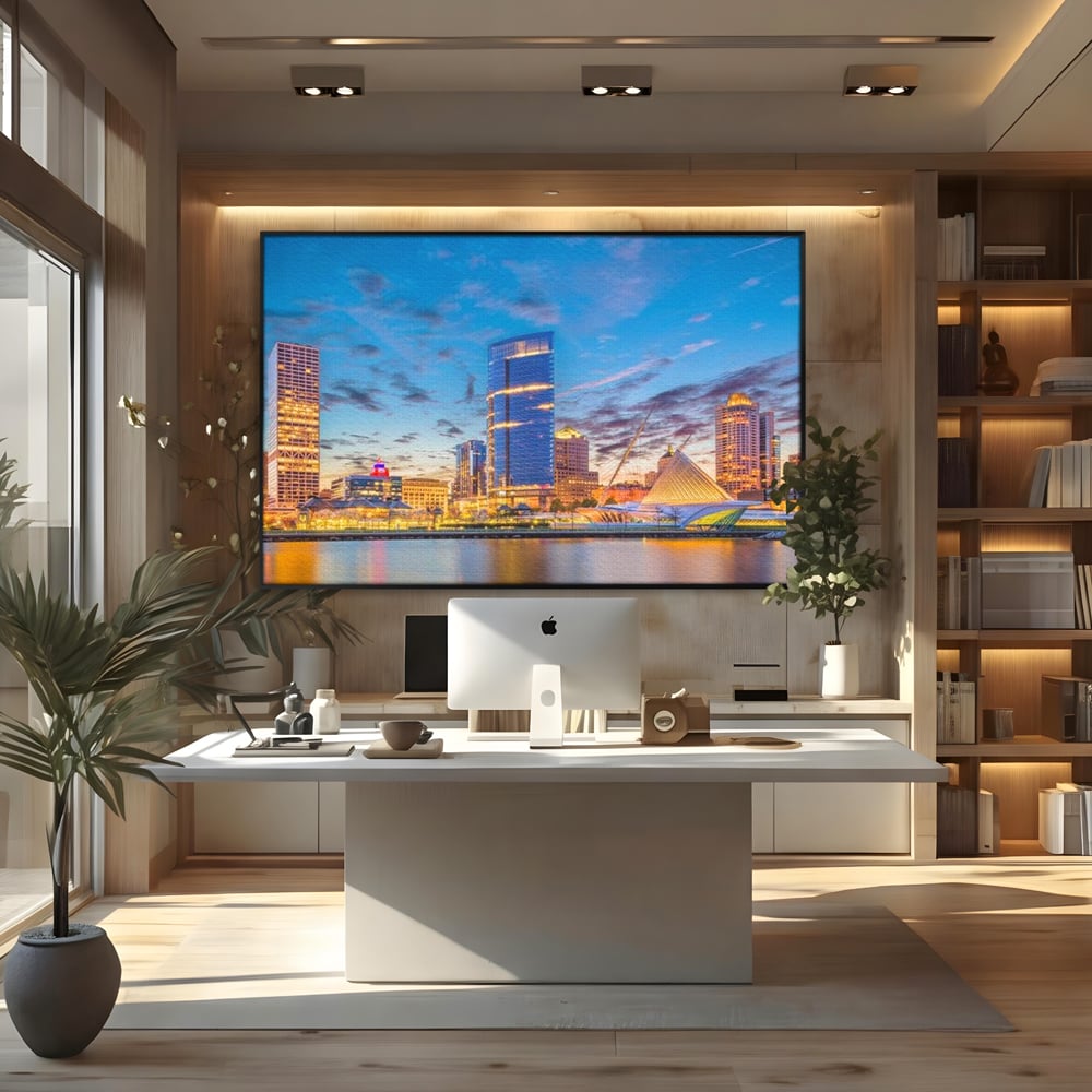 Tablou Canvas Premium, LuxCanva® O1057, Orasul care Straluceste, Lumini, Urban, Milwaukee, Nori, Metropola, Apis, Apa, Panorama, Vibratie, Orizont, Tablou, Plimbare, Birou, Living, Dormitor