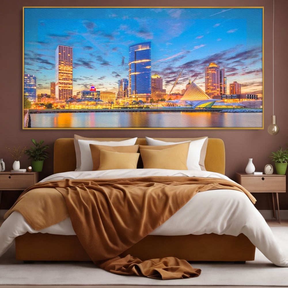 Tablou Canvas Premium, LuxCanva® O1057, Orasul care Straluceste, Lumini, Urban, Milwaukee, Nori, Metropola, Apis, Apa, Panorama, Vibratie, Orizont, Tablou, Plimbare, Birou, Living, Dormitor