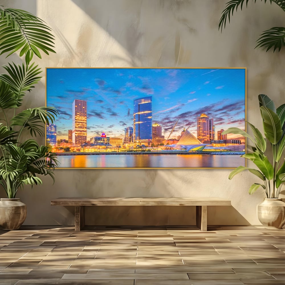 Tablou Canvas Premium, LuxCanva® O1057, Orasul care Straluceste, Lumini, Urban, Milwaukee, Nori, Metropola, Apis, Apa, Panorama, Vibratie, Orizont, Tablou, Plimbare, Birou, Living, Dormitor