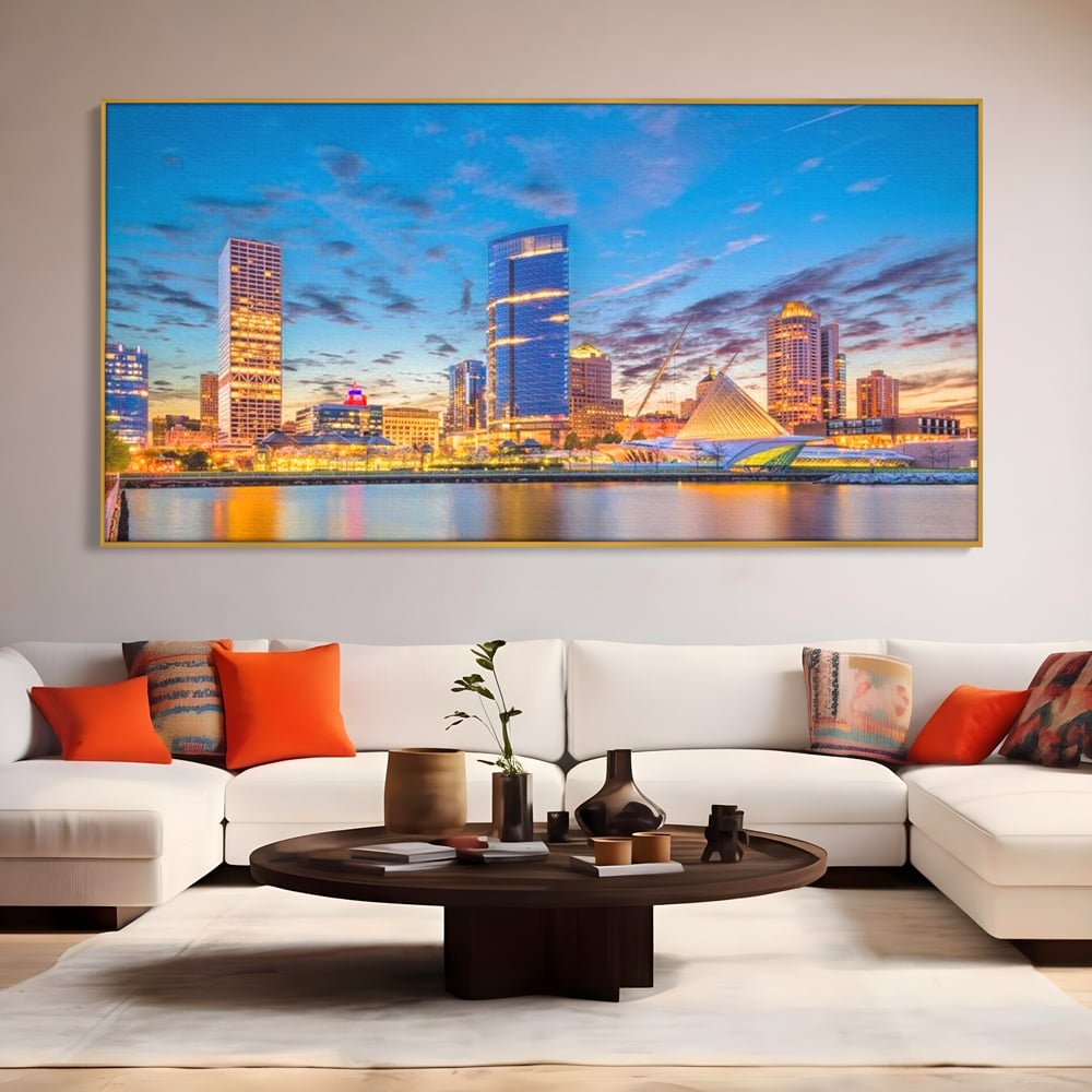 Tablou Canvas Premium, LuxCanva® O1057, Orasul care Straluceste, Lumini, Urban, Milwaukee, Nori, Metropola, Apis, Apa, Panorama, Vibratie, Orizont, Tablou, Plimbare, Birou, Living, Dormitor