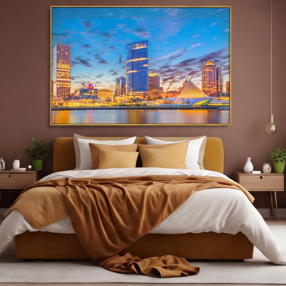 Tablou Canvas Premium, LuxCanva® O1057, Orasul care Straluceste, Lumini, Urban, Milwaukee, Nori, Metropola, Apis, Apa, Panorama, Vibratie, Orizont, Tablou, Plimbare, Birou, Living, Dormitor