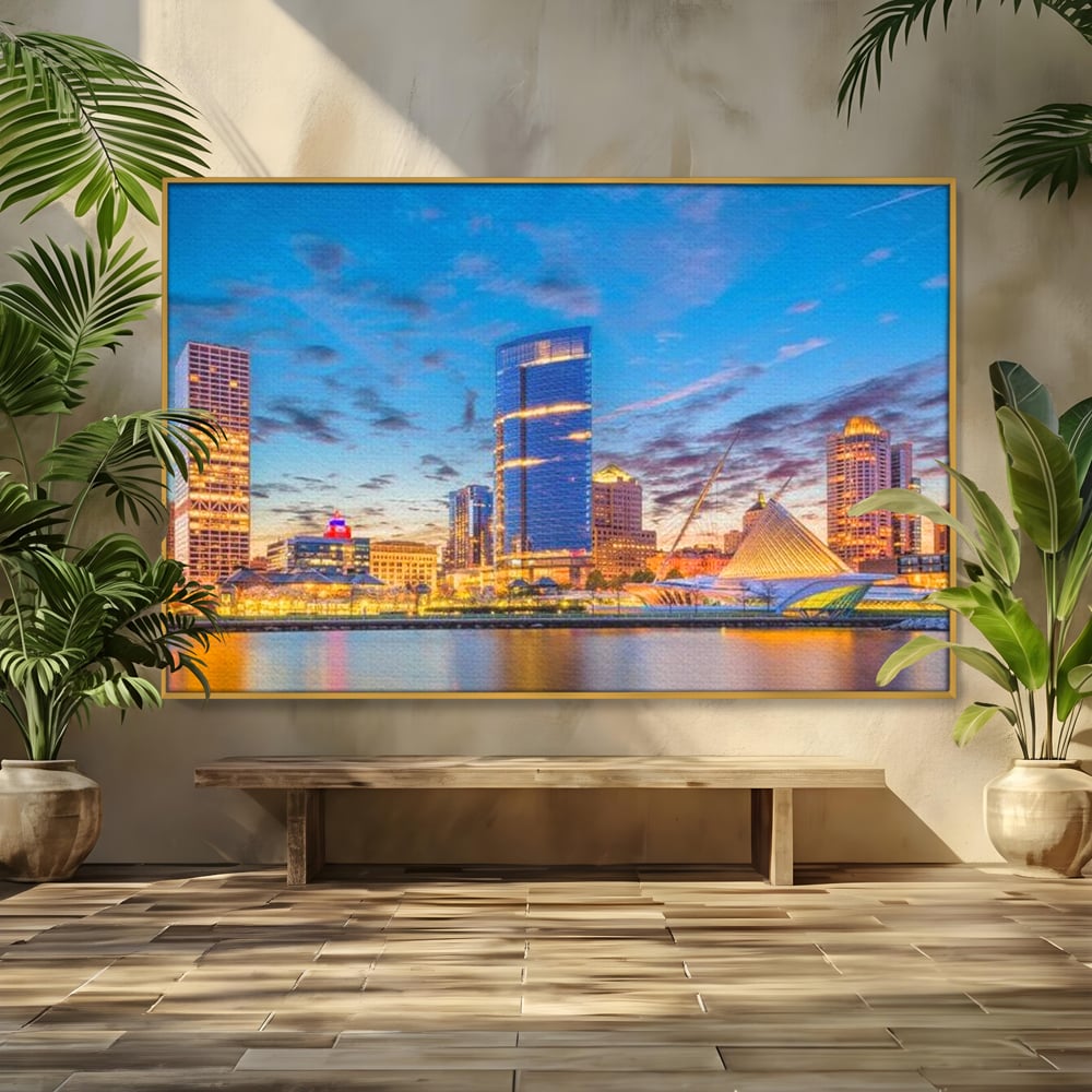 Tablou Canvas Premium, LuxCanva® O1057, Orasul care Straluceste, Lumini, Urban, Milwaukee, Nori, Metropola, Apis, Apa, Panorama, Vibratie, Orizont, Tablou, Plimbare, Birou, Living, Dormitor