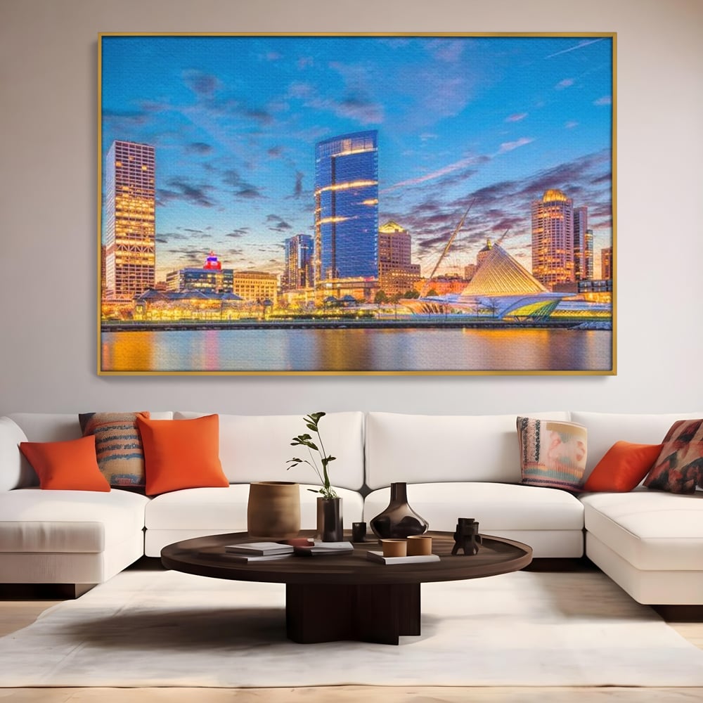 Tablou Canvas Premium, LuxCanva® O1057, Orasul care Straluceste, Lumini, Urban, Milwaukee, Nori, Metropola, Apis, Apa, Panorama, Vibratie, Orizont, Tablou, Plimbare, Birou, Living, Dormitor
